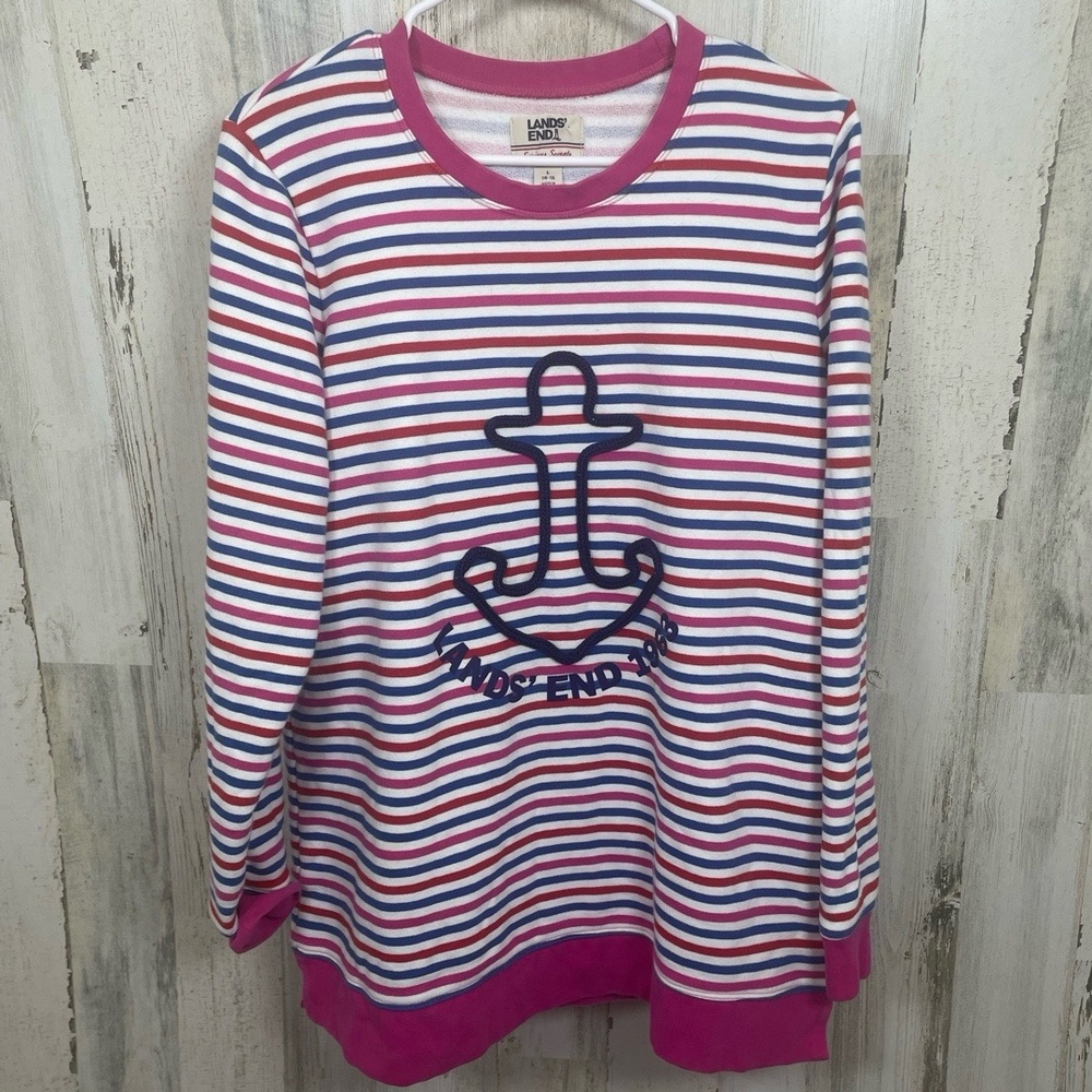 Lands End‎ Serious Sweats Crewneck Sweatshirt Tunic Size L Magenta Stripe Anchor